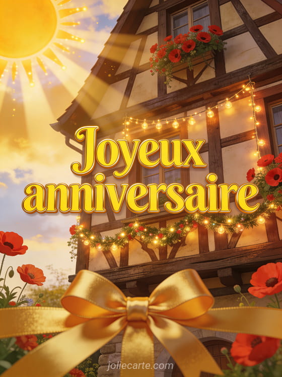 Maison à colombages fleurie de coquelicots rouges avec guirlande lumineuse et rayons de soleil éclatants avec le texte Joyeux anniversaire en lettres jaune soleil