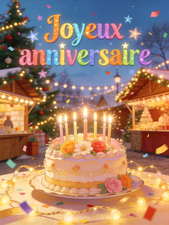 Marché de Noël avec chalets en bois, guirlandes lumineuses, gâteau décoré de fleurs et confettis colorés