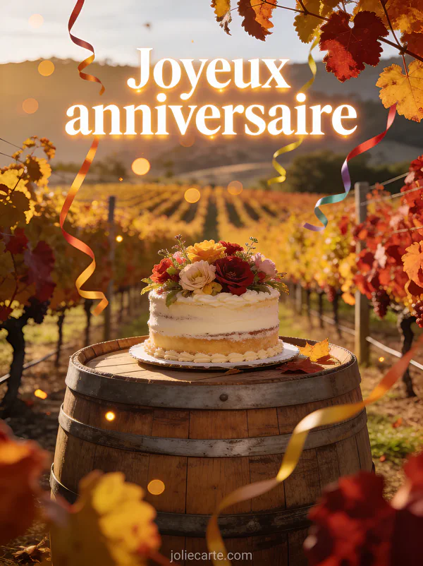 Vignoble avec lumière cuivrée d'octobre et feuilles de vigne dorées, gâteau décoré de fleurs sur un tonneau avec le texte Joyeux anniversaire