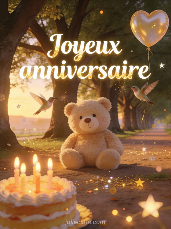 Gros ours en peluche sous une allée de platanes avec colibri, gâteau d’anniversaire et ballon cœur