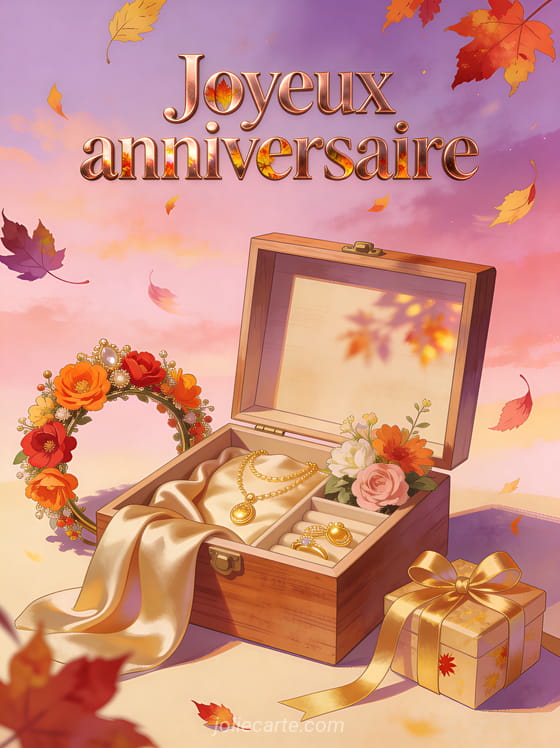 Coffret en bois ouvert avec bijoux dorés sous ciel rose d'automne, couronne de fleurs aux teintes orangées et cadeau doré avec le texte Joyeux anniversaire