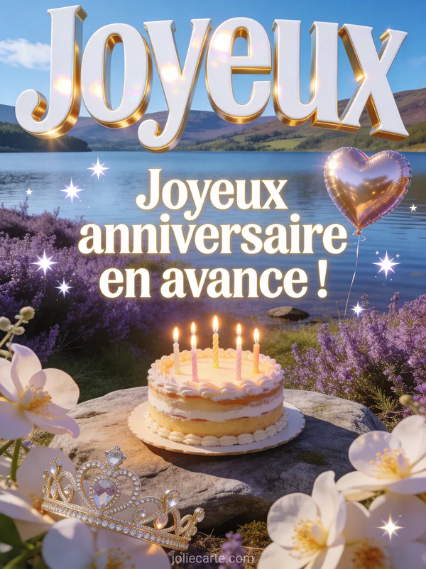 Loch écossais avec bruyère violette sous ciel bleu, fleurs de tiaré, gâteau avec bougies et ballon cœur