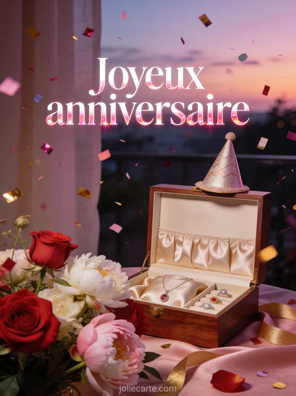 Coffret en bois avec bijoux au crépuscule rosé, bouquet de roses rouges et pivoines blanches avec chapeau de fête et le texte Joyeux anniversaire