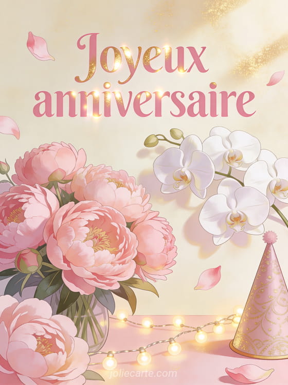 Orchidées blanches sur fond crème avec bouquet de pivoines roses, guirlande lumineuse et pétales flottants