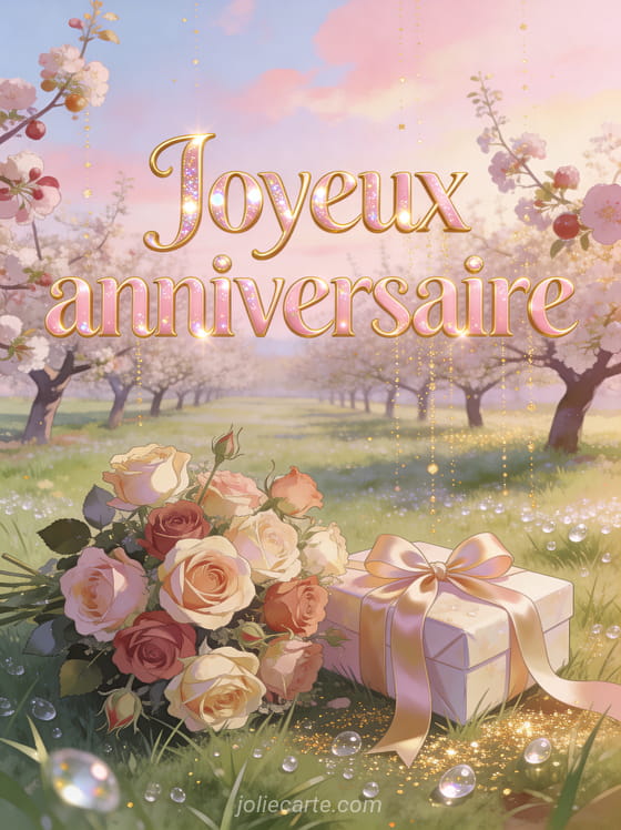 Verger de pruniers en fleurs sous ciel pastel avec roses anciennes, paillettes dorées et cadeau avec ruban satiné avec le texte Joyeux anniversaire en lettres rose doré