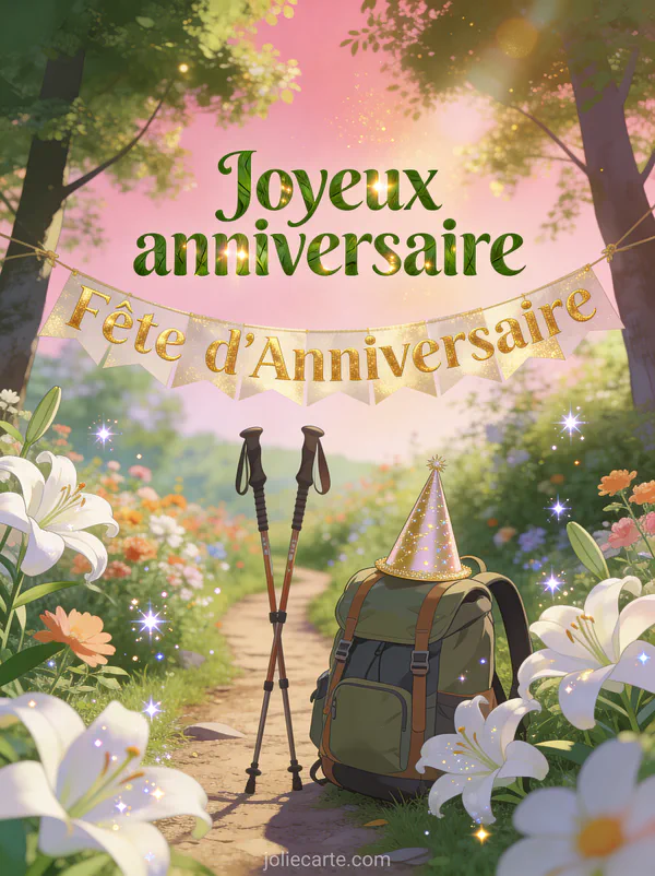 Sentier de randonnée fleuri avec sac à dos et bâtons de marche, chapeau de fête et banderole dorée entre les arbres