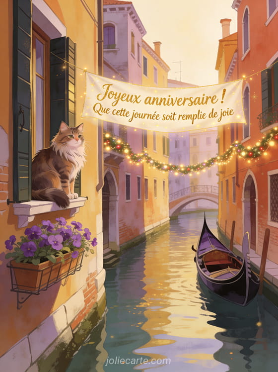 Canal vénitien avec gondole et façades colorées en automne, chat maine coon sur un rebord de fenêtre avec violettes et le texte Joyeux anniversaire en lettres dorées