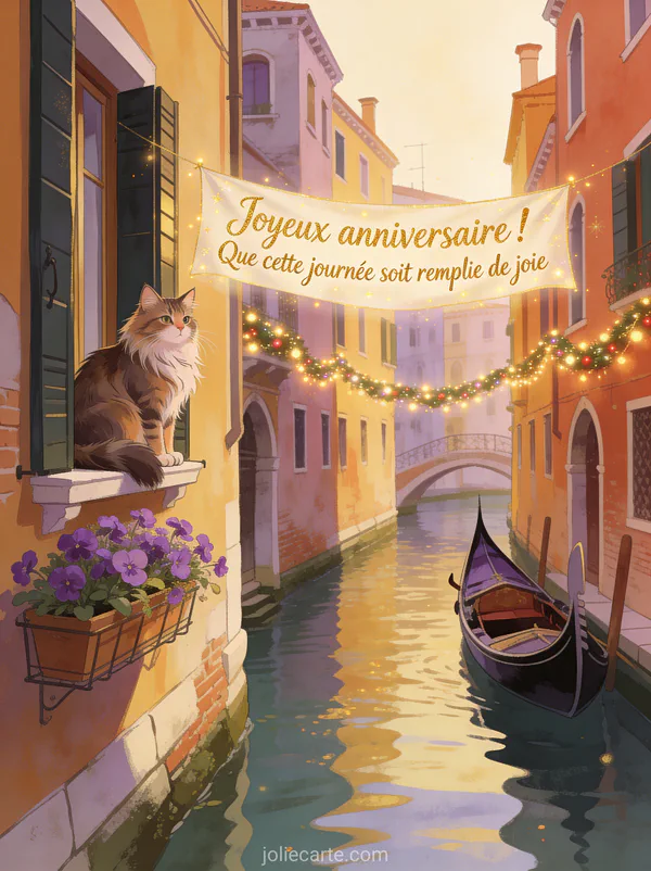 Canal vénitien avec gondole et façades colorées en automne, chat maine coon sur un rebord de fenêtre avec violettes et le texte Joyeux anniversaire en lettres dorées