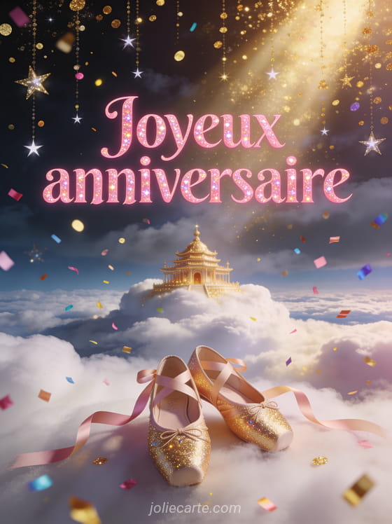 Temple doré au sommet d’une mer de nuages avec chaussons de danse, confettis et paillettes dorées