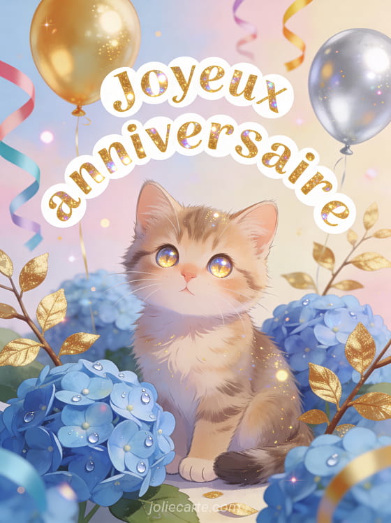 Deux chats mignons assis parmi les hortensias bleus avec ballons dorés, gâteau d'anniversaire et paillettes scintillantes avec le texte Joyeux anniversaire
