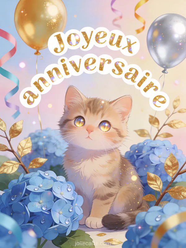 Deux chats mignons assis parmi les hortensias bleus avec ballons dorés, gâteau d'anniversaire et paillettes scintillantes avec le texte Joyeux anniversaire