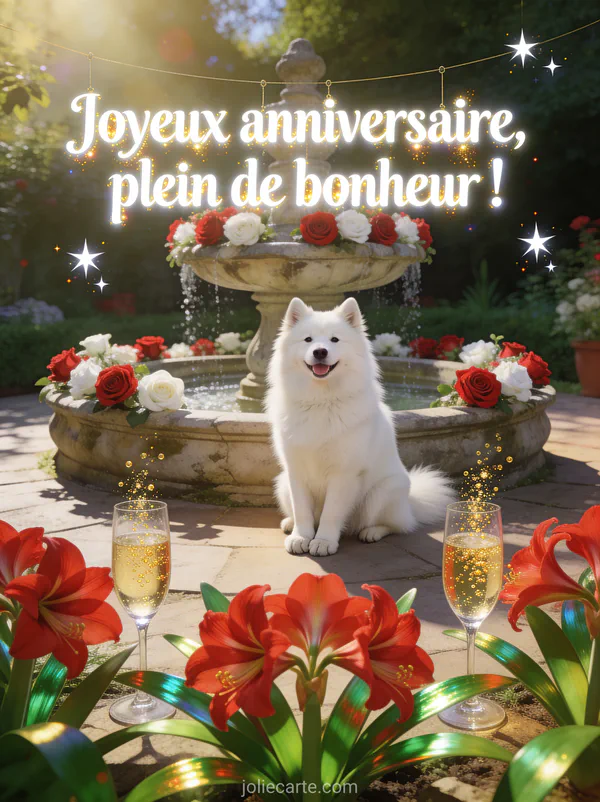 Fontaine ancienne entourée de roses avec samoyède blanc, amaryllis rouges et coupes de champagne dorées