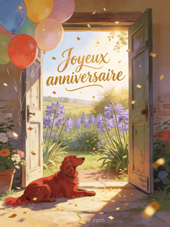 Porte ancienne entrouverte sur un jardin fleuri d'agapanthes avec setter irlandais roux et ballons colorés avec le texte Joyeux anniversaire en calligraphie dorée