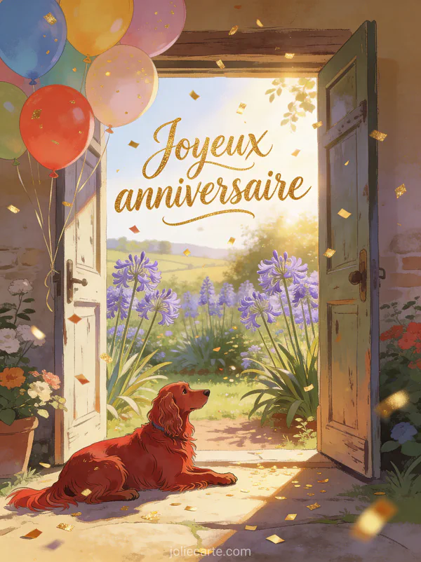 Porte ancienne entrouverte sur un jardin fleuri d'agapanthes avec setter irlandais roux et ballons colorés avec le texte Joyeux anniversaire en calligraphie dorée