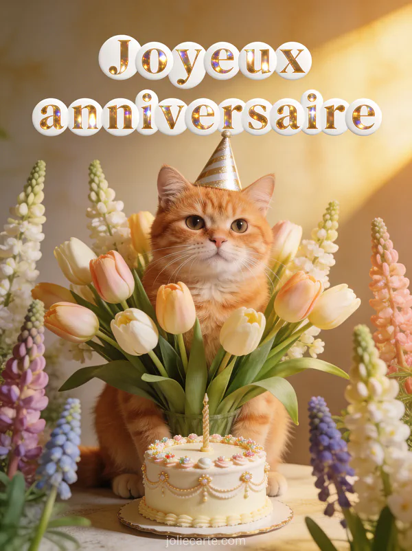 Adorable chat roux assis dans un bouquet de tulipes avec lupins, petit gâteau et chapeau de fête