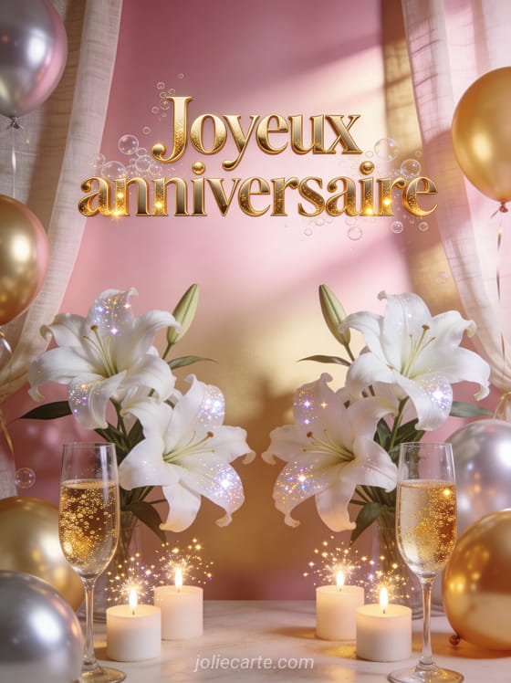 Lys blancs avec fond dégradé rose-doré, coupes de champagne avec bulles dorées et ballons dorés et argentés avec le texte Joyeux anniversaire
