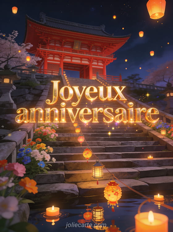 Escaliers en pierre menant vers un temple rouge avec lanternes lumineuses flottant dans le ciel nocturne et primevères