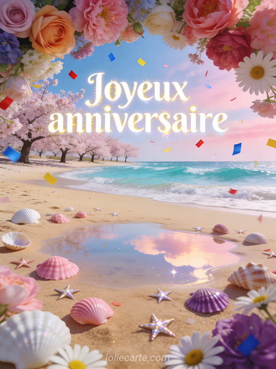 Plage de sable doré avec vagues turquoise, couronne de fleurs festive, confettis et coquillages avec le texte Joyeux anniversaire en lettres blanches lumineuses