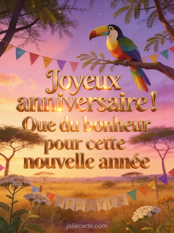 Savane dorée avec acacias au coucher du soleil, toucan coloré perché, guirlande de fanions et banderole de fête