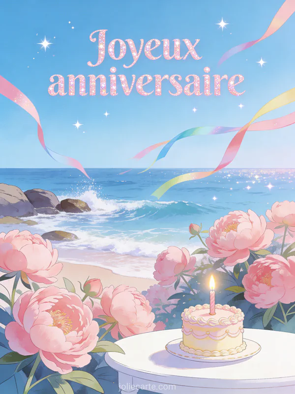 Bord de mer avec vagues douces et pivoines roses luxuriantes, gâteau d'anniversaire et serpentins colorés avec le texte Joyeux anniversaire en lettres rose poudré