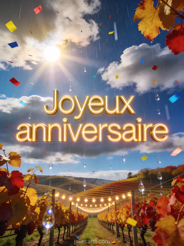 Vignoble vallonné en automne avec typographie néon doré, confettis, guirlande lumineuse et pluie d’été