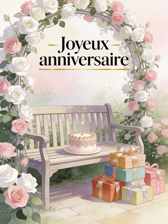 Banc de jardin sous une arche de roses blanches et roses avec gâteau d'anniversaire et cadeaux colorés avec le texte Joyeux anniversaire en lettres noires dorées