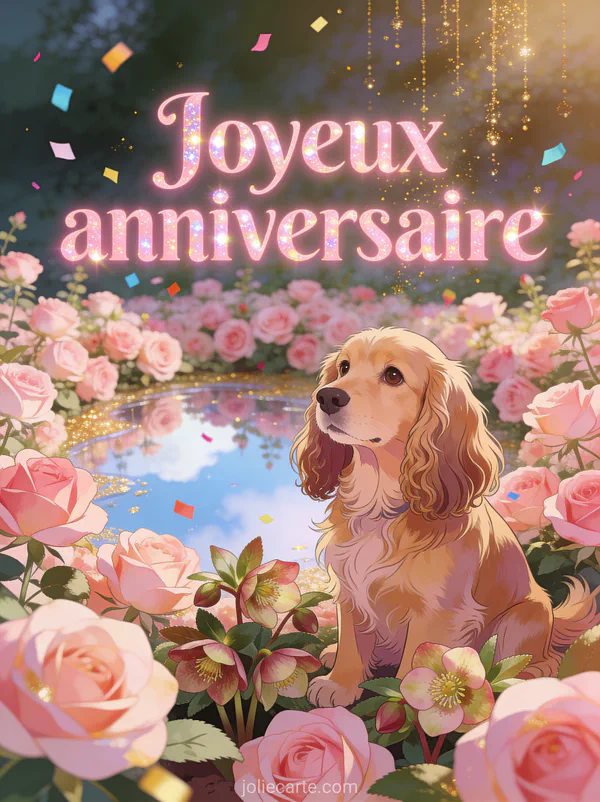 Roseraie en pleine floraison avec cocker anglais, hellébores, confettis colorés et pluie de paillettes dorées