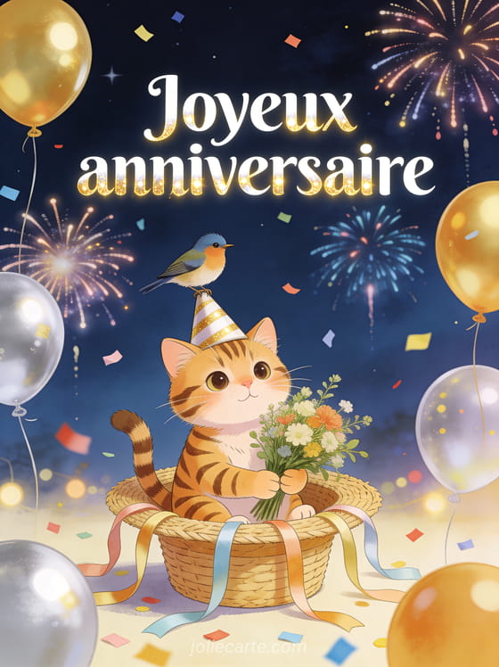 Chat tigré avec chapeau de fête dans un chapeau de paille fleuri, feux d’artifice, chardonneret et ballons dorés