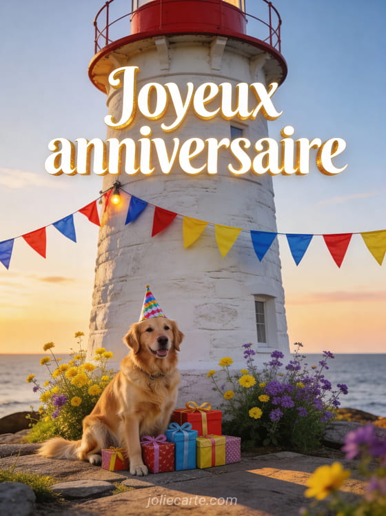Golden retriever adorable avec chapeau de fête devant un phare en bord de côte avec guirlande de fanions et cadeaux colorés avec le texte Joyeux anniversaire