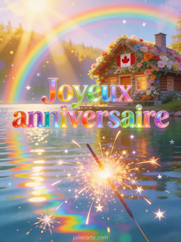 Cabane fleurie au bord d’un lac canadien avec magnifique arc-en-ciel, bougie scintillante et reflets sur l’eau