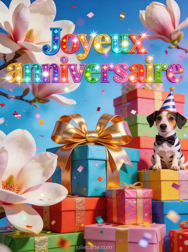 Magnolias en gros plan avec épagneul breton portant chapeau de fête et noeud papillon, cadeaux colorés empilés et confettis avec le texte Joyeux anniversaire