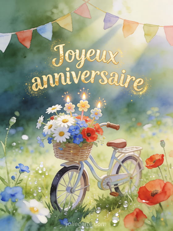 Vélo miniature avec panier de fleurs des champs, marguerites, bleuets et coquelicots, guirlande de fanions
