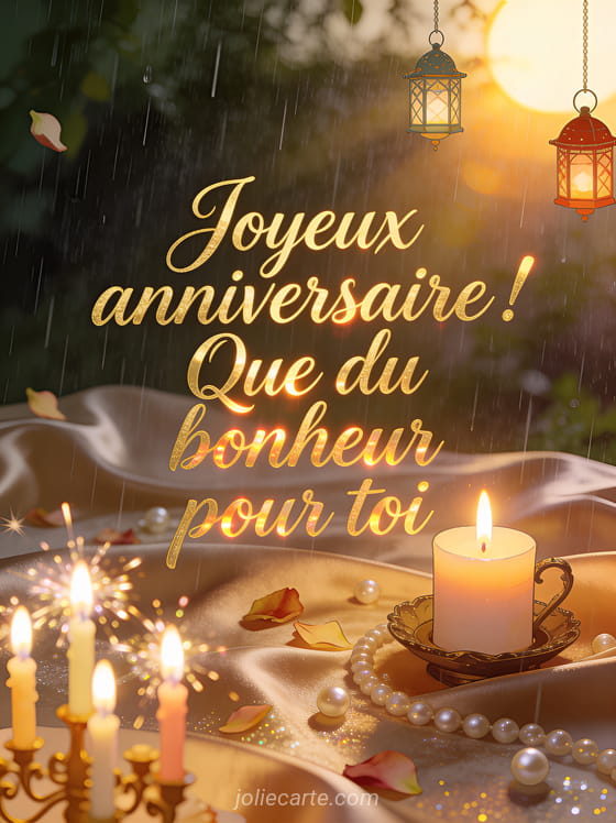 Bougeoir avec bougie allumée sur tissu satin avec pétales et perles, bougies scintillantes et lampions de fête avec le texte Joyeux anniversaire Que du bonheur