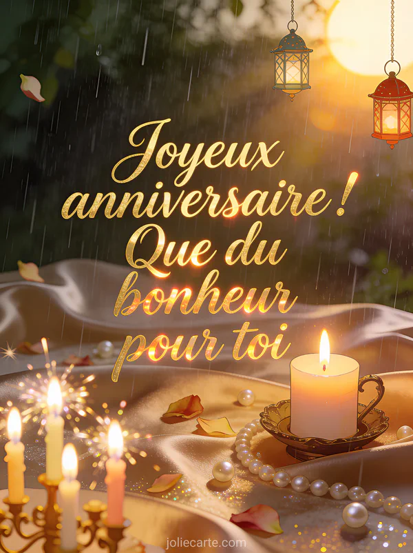 Bougeoir avec bougie allumée sur tissu satin avec pétales et perles, bougies scintillantes et lampions de fête avec le texte Joyeux anniversaire Que du bonheur