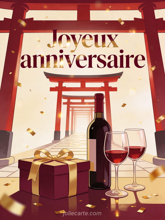 Allée de torii rouges avec bouteille de vin rouge et verres au premier plan, cadeau doré et confettis