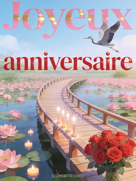 Pont en bois courbé sur étang de lotus roses avec grue cendrée en vol, bouquet de roses rouges et bougies scintillantes avec le texte Joyeux anniversaire