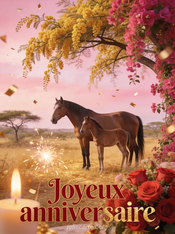 Savane dorée avec acacias, jument et poulain sous un acacia, bouquet de roses rouges luxuriantes et bougainvillier fuchsia avec le texte Joyeux anniversaire