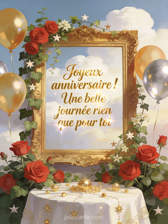 Vieux cadre doré entouré de roses et lierre avec jasmin étoilé, ballons dorés et table festive