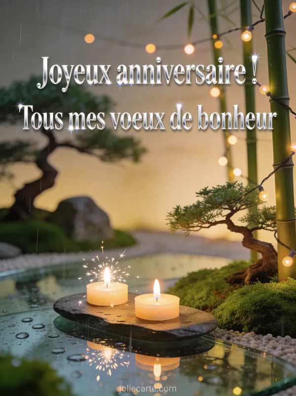 Jardin zen avec bonsaï et mousse verte, bougies scintillantes sur pierre plate et guirlande lumineuse entre bambous avec le texte Joyeux anniversaire