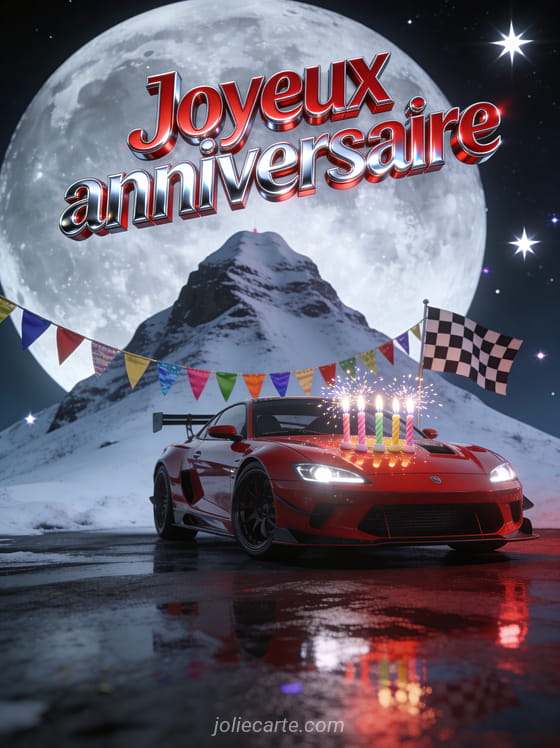 Voiture de course rouge rutilante devant un sommet enneigé sous clair de lune avec bougies scintillantes et drapeau à damier avec le texte Joyeux anniversaire