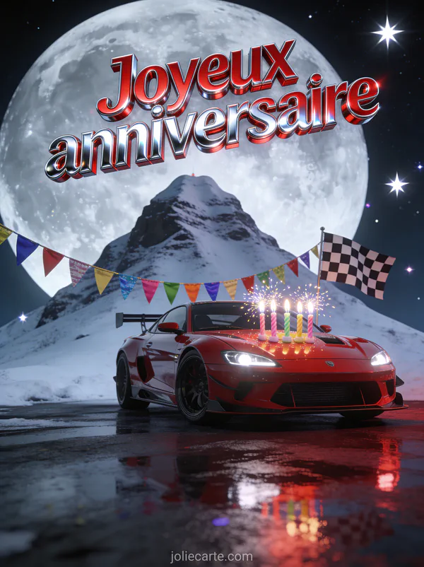 Voiture de course rouge rutilante devant un sommet enneigé sous clair de lune avec bougies scintillantes et drapeau à damier avec le texte Joyeux anniversaire