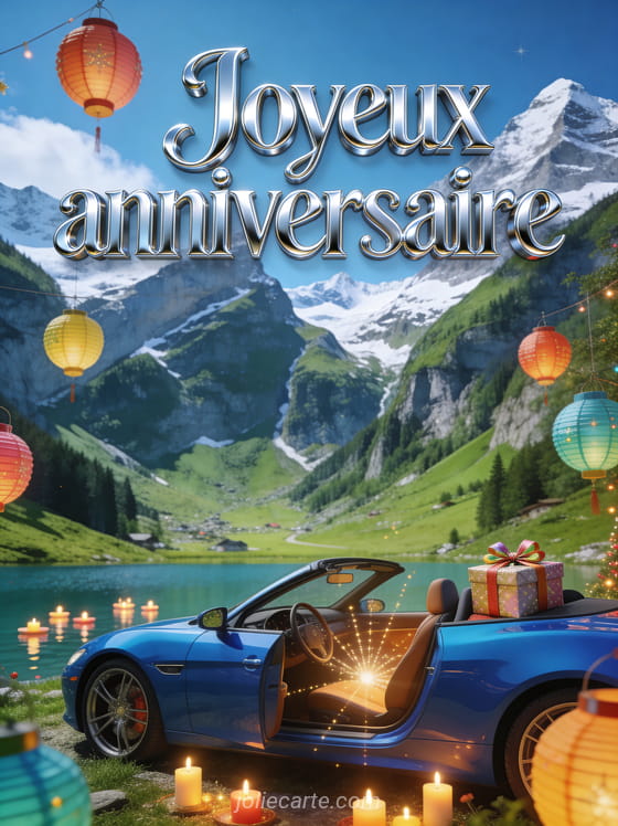 Voiture de sport bleue décapotable dans une vallée suisse avec sommets enneigés, lampions colorés et cadeau sur le siège avec le texte Joyeux anniversaire
