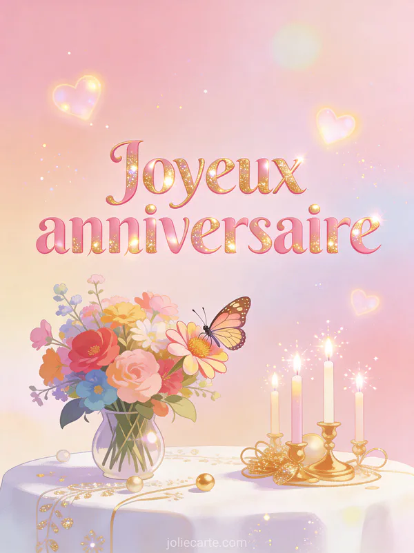 Bouquet de fleurs colorées sur fond pastel avec papillon belle-dame, bougies scintillantes et coeurs lumineux avec le texte Joyeux anniversaire