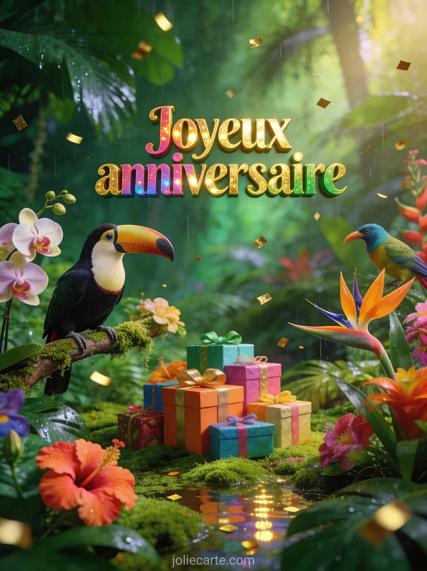 Jardin de mousse vert intense avec toucan sur une branche, orchidées, hibiscus et oiseaux de paradis avec cadeaux colorés et le texte Joyeux anniversaire