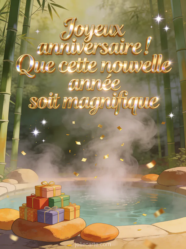 Source chaude naturelle avec vapeur et bambous, cadeaux colorés sur des pierres chaudes et confettis dorés avec le texte Joyeux anniversaire en lettres dorées