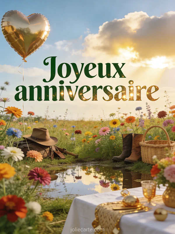 Champ de fleurs sauvages avec zinnias colorĂ©s, Ă©lĂ©ments de chasse rustiques et table festive avec dĂ©corations dorĂ©es avec le texte Joyeux anniversaire en lettres vert forĂȘt