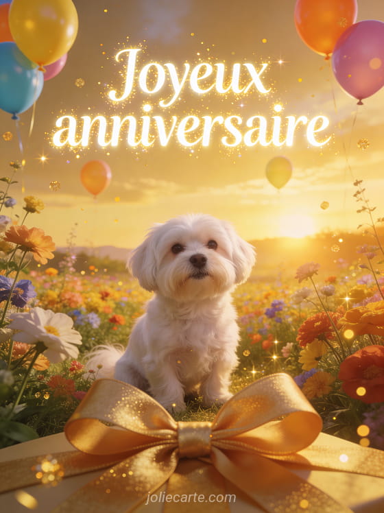 Vallée fleurie au lever du soleil avec bichon maltais assis dans les fleurs, ballons colorés et paillettes lumineuses avec le texte Joyeux anniversaire
