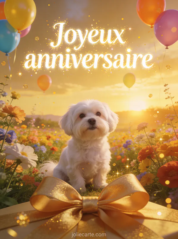 Vallée fleurie au lever du soleil avec bichon maltais assis dans les fleurs, ballons colorés et paillettes lumineuses avec le texte Joyeux anniversaire