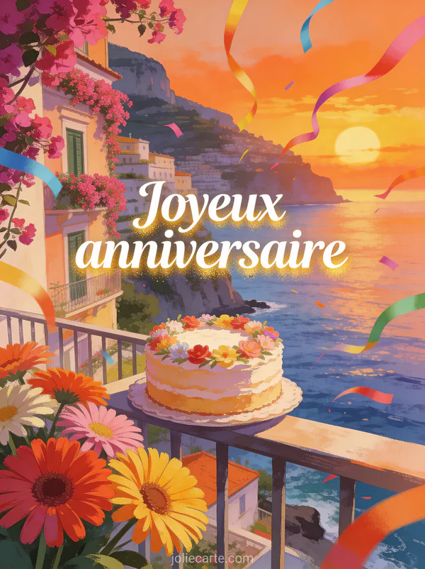 CÎte amalfitaine avec bougainvilliers fuchsia au coucher de soleil, gerberas colorés et gùteau décoré sur un balcon avec le texte Joyeux anniversaire