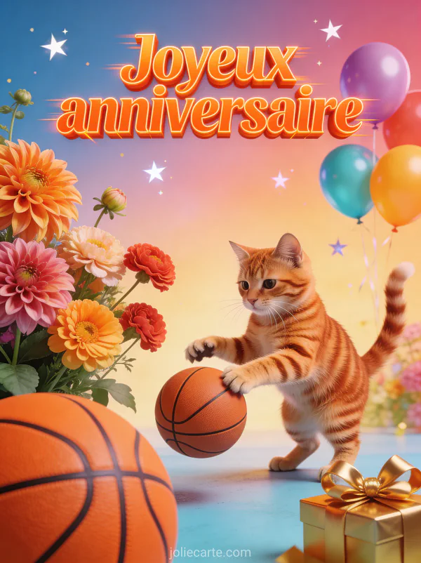 Ballon de basket orange avec dahlias et renoncules, chat roux tigré jouant avec un ballon et ballons colorés flottant avec le texte Joyeux anniversaire